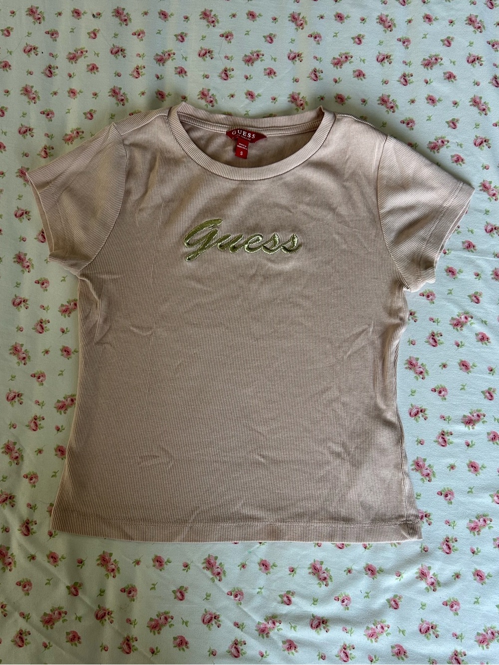 GUESS Blush Pink Short-Sleeve Logo Tee with Gold Embroidery